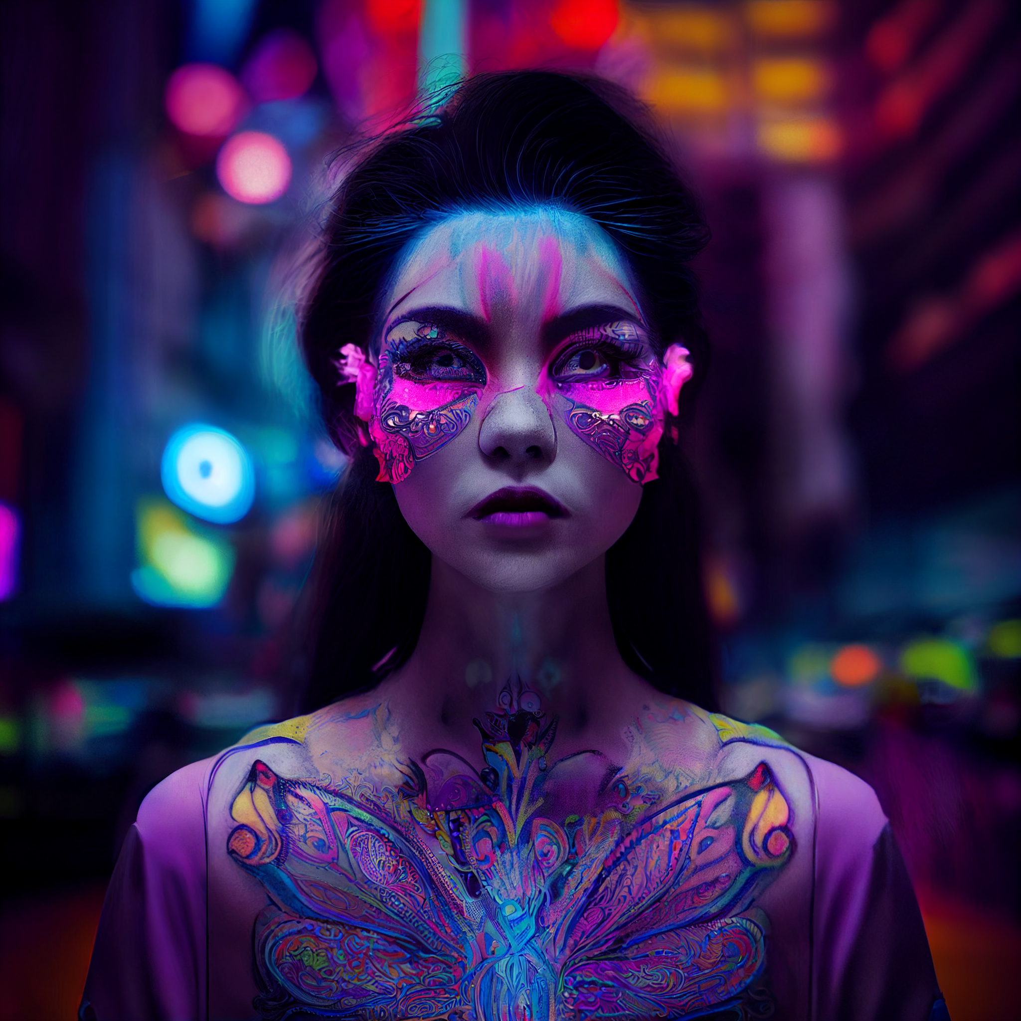 "hyper realism, hyper maximalist, close-up photography portrait, 8k, 3d render, volumetric shadows, highly-detailed intricate filigree face tattoo, standing in the middle of Times Square, dynamic lighting, glowing pink neon faerie lights, asian woman