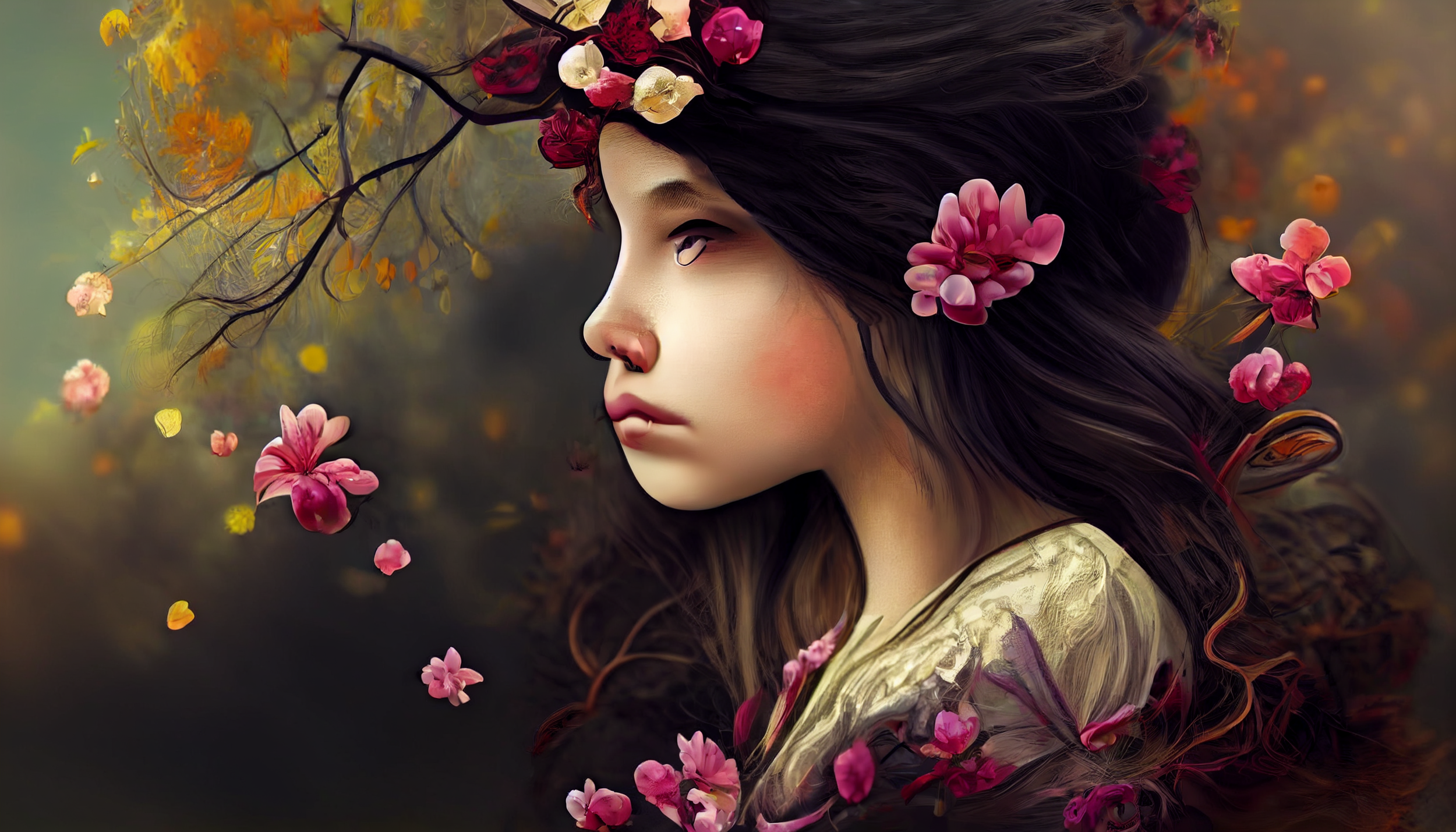 "close-up portrait of a girl sitting in field with cherry blossoms, purple highlights, an explosion of woodcut flowers, volumetric shadows, 3d render, insane details, hyper realistic, in the style of Takehiko Inoue"