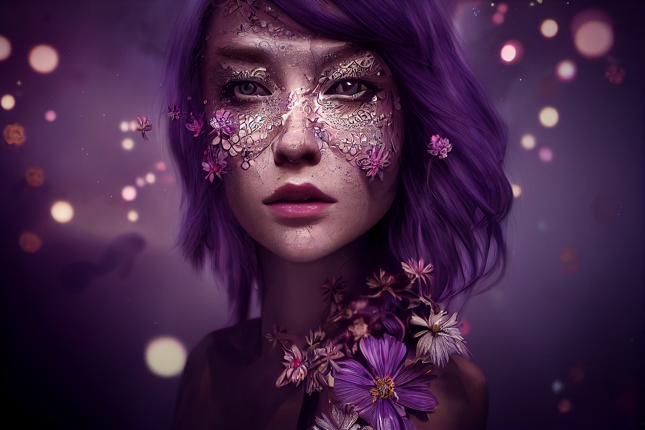 "hyper-realistic, 3d render, photo realism, filigree face tattoo of a flower, milky way reflected in her eyes, octane render, purple highlights, pink rim light, surreal, futuristic, psychedelic highly detailed background, bokeh, volumetric shadows, 3
