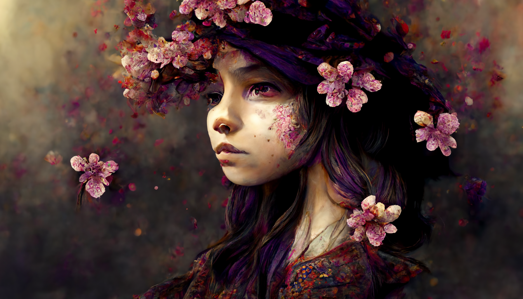 "photo realistic super-detailed close-up portrait of a girl sitting in field with cherry blossoms, purple highlights, a headdress made up of an explosion of woodcut flowers, volumetric shadows, 3d render, insane details, hyper realistic, in the style