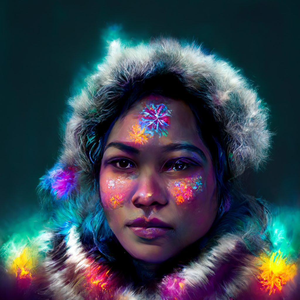 "photrealistic, hyper-detailed, photography portrait of a polynesian woman in a fur parka; giant multi-colored snowflakes are falling. northern lights in the sky, iridescent chromatic colour-shifting, volumetric shadows, 3d render in the style of an 