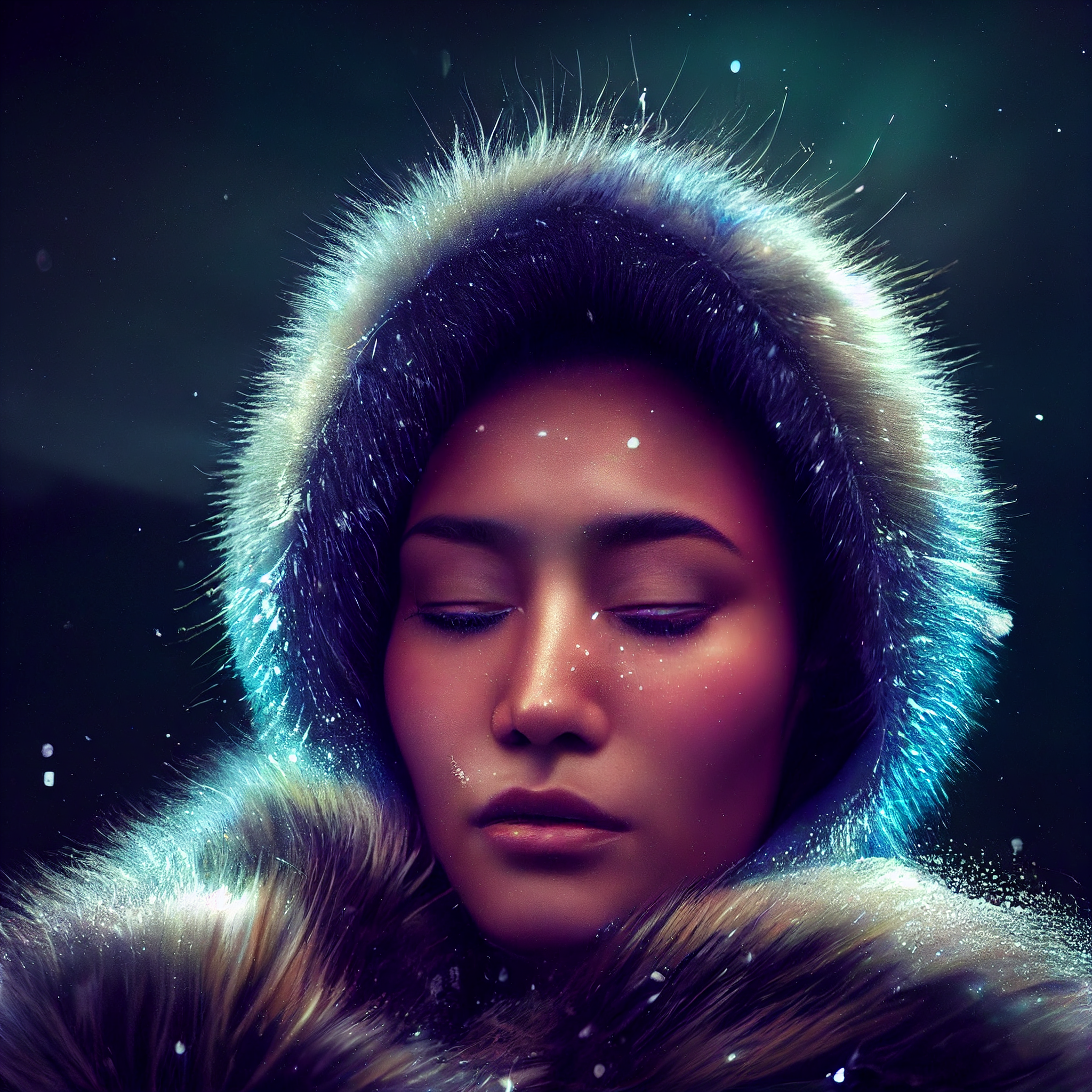 "photrealistic, hyper-detailed, photography portrait of a polynesian woman in a fur parka; northern lights are reflected in her eyes, sheets of heavy snow are falling, northern lights in the sky, iridescent chromatic colour-shifting, 3d render, volum