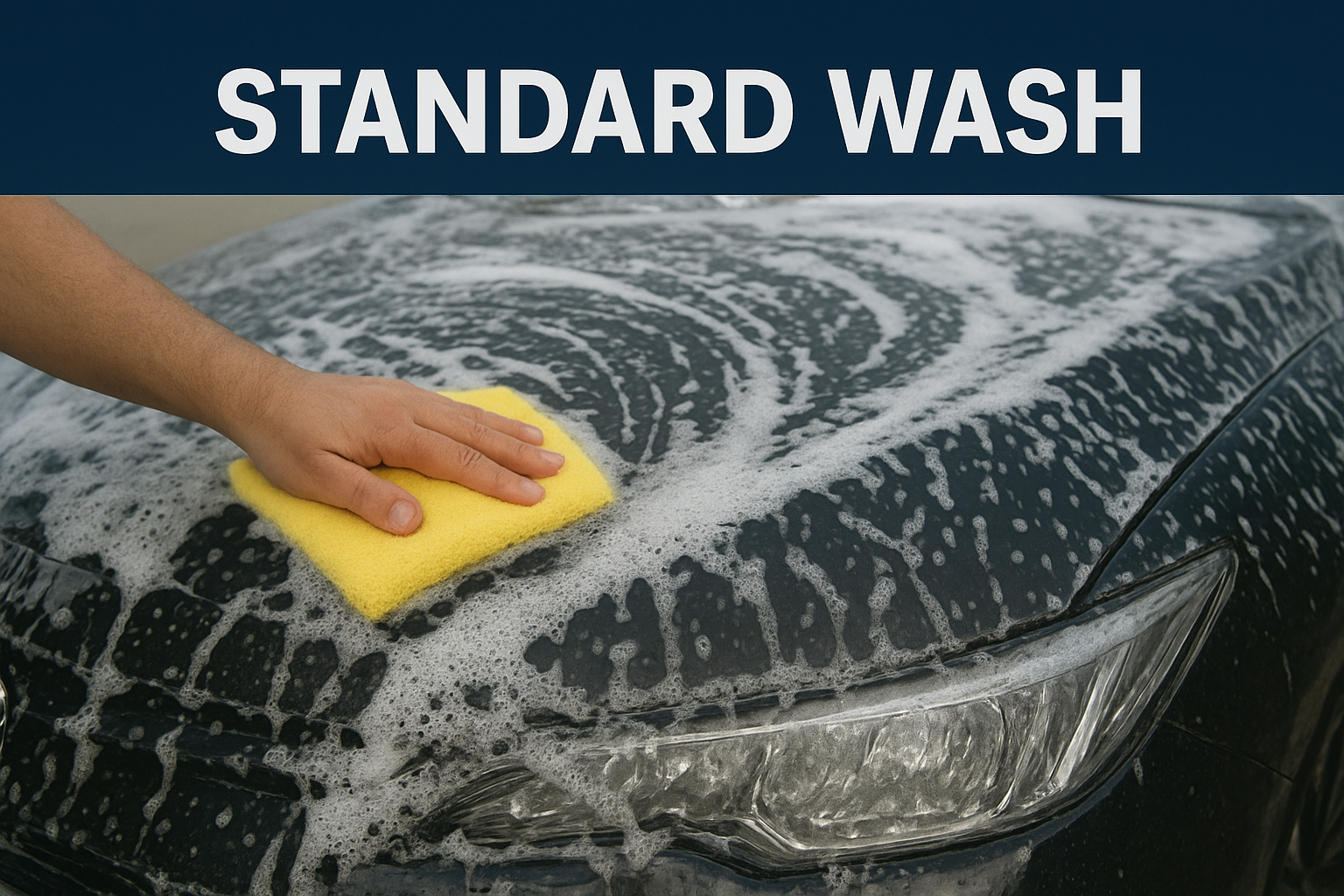 Hand cleaning the front hood of a dark-colored car with a yellow sponge and soapy water, under a blue sign that says 'Standard Wash'.