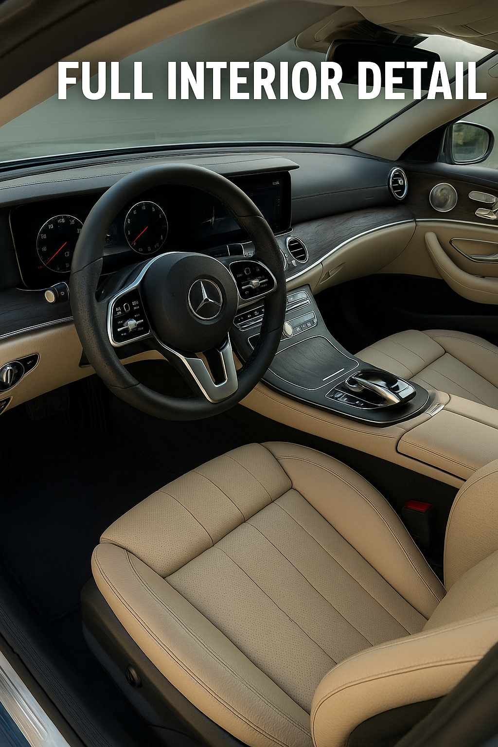 Close-up of a luxury Mercedes-Benz car interior featuring a black steering wheel with the Mercedes logo, digital instrument cluster, beige leather seats, and a sleek center console with a gear shifter.