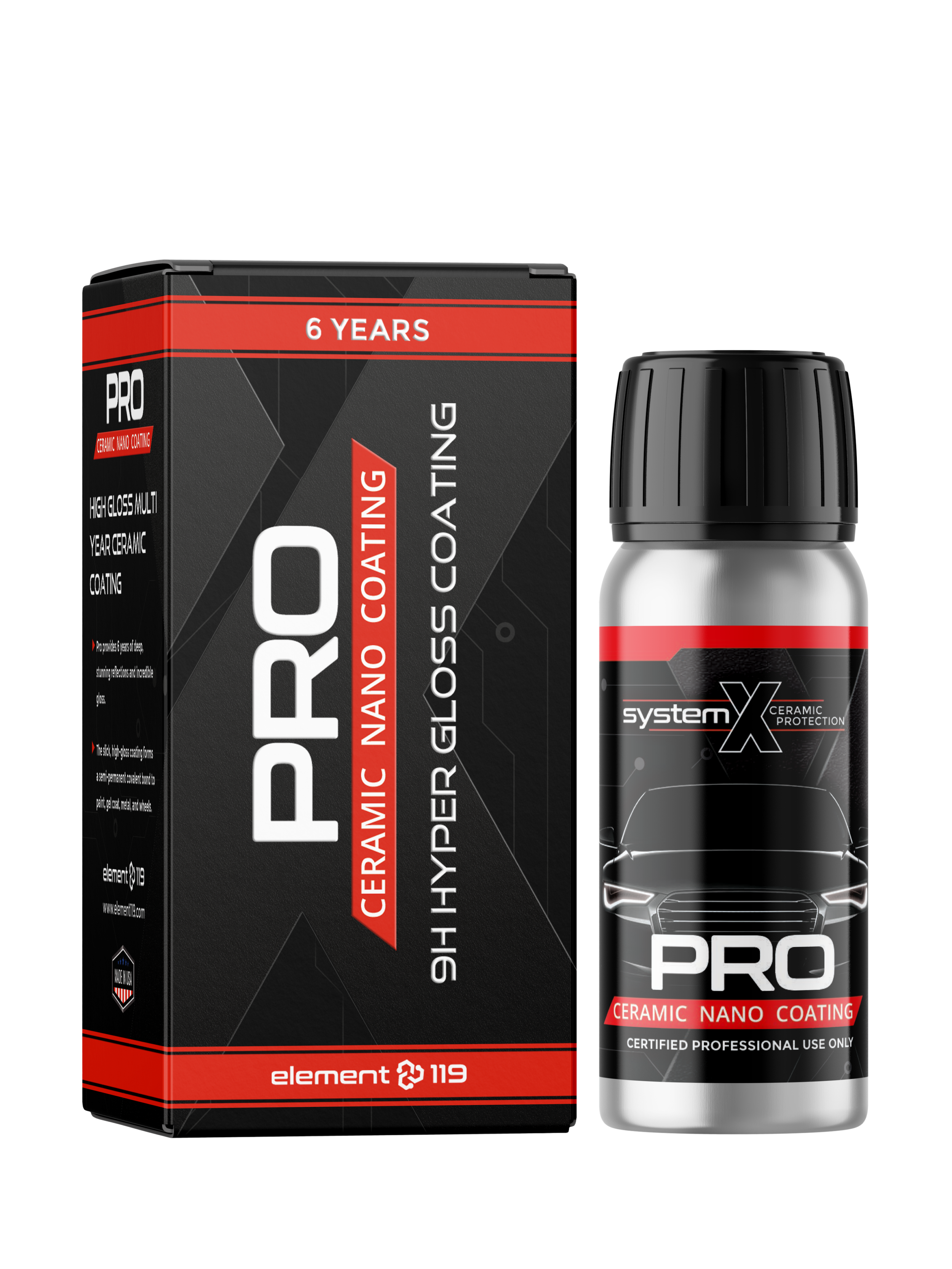 A black box and a small spray can of PRO Ceramic Nano Coating with red and white labeling, designed for high gloss multi-year ceramic coating, in front of a blurred background.