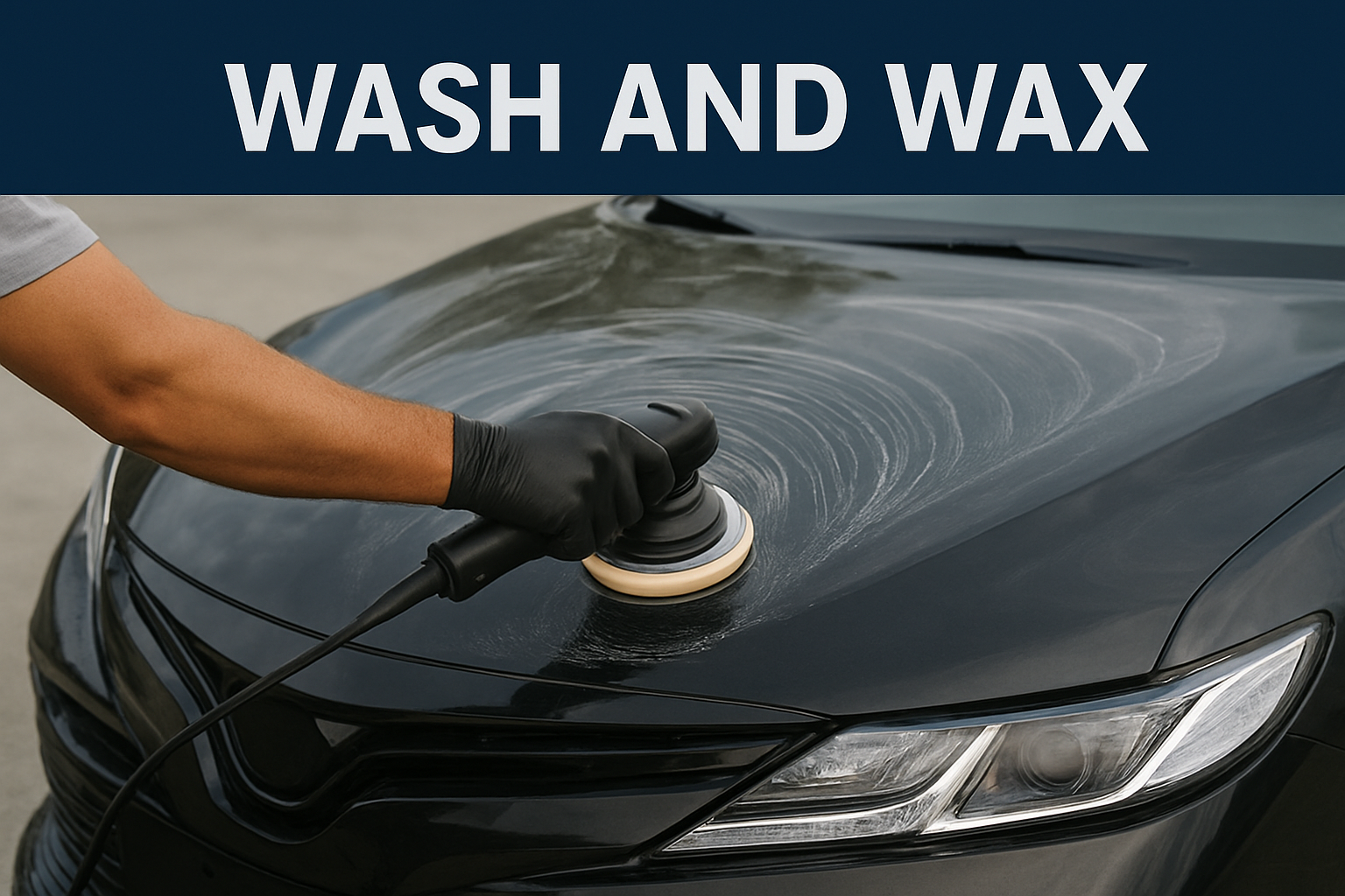 Person wearing black gloves using a polishing machine to buff a black car.
