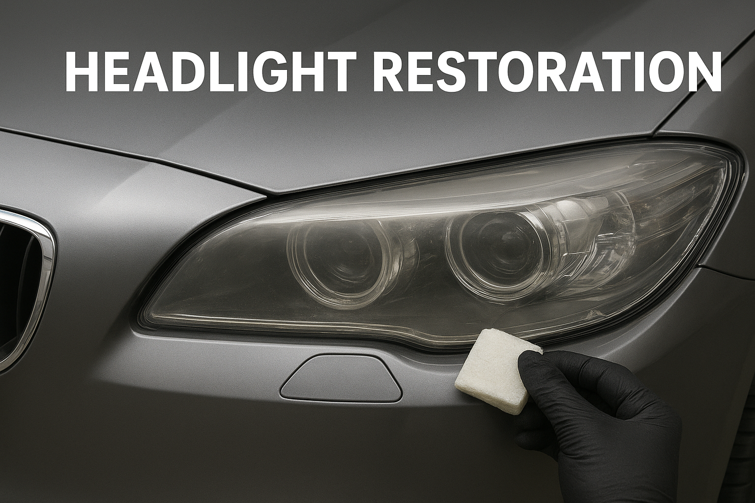 Close-up of a silver car headlight being cleaned with a white sponge by a person wearing a black glove, with the text 'HEADLIGHT RESTORATION' overlayed