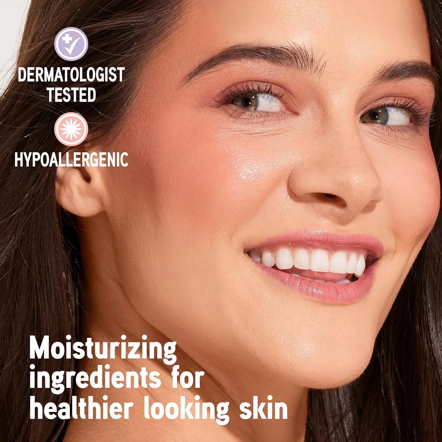 Close-up of a woman with flawless skin, smiling, with text overlay highlighting skin benefits of a moisturizer, including dermatologist tested, hypoallergenic, and promoting healthier skin. Commercial Photographer Los Angeles.