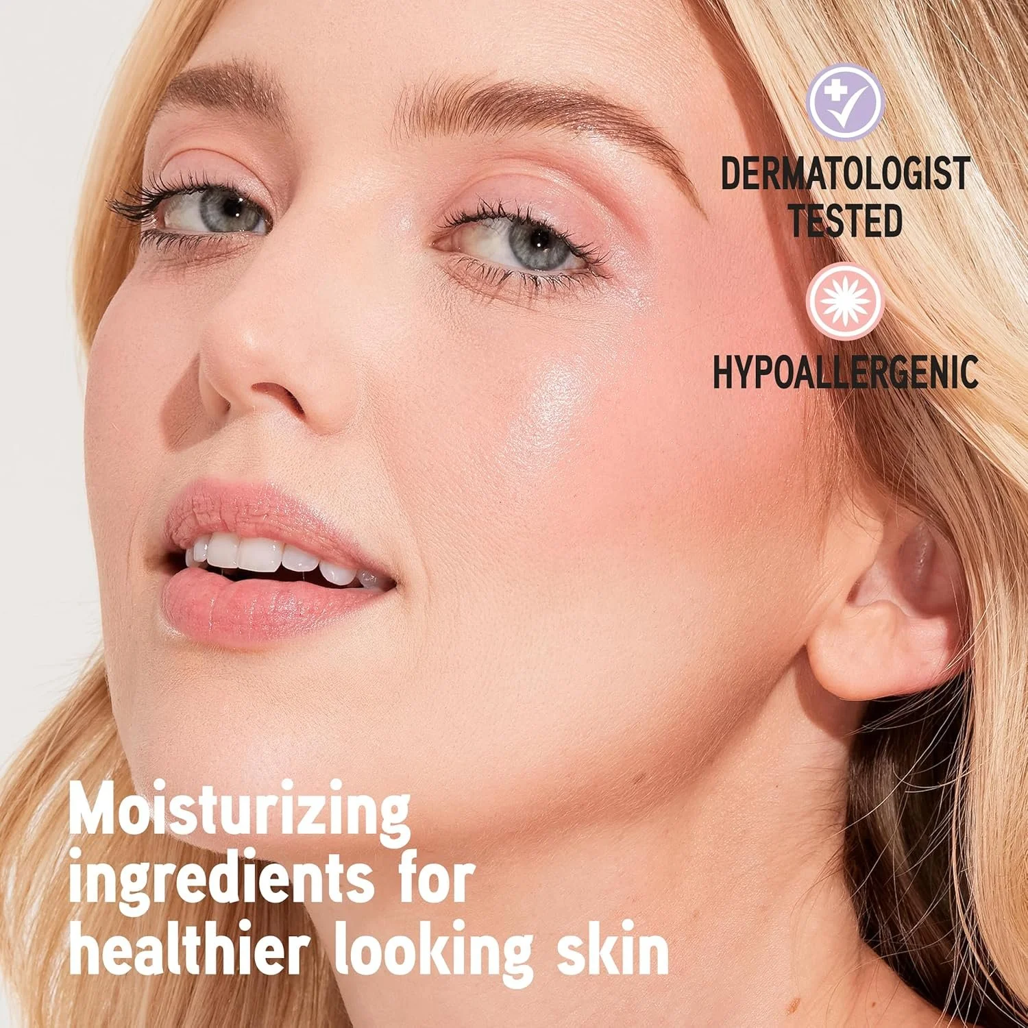 Close-up of a woman's face with clear, glowing skin, highlighting skincare benefits such as dermatologist tested and hypoallergenic ingredients for healthier looking skin. Commercial Photographer Los Angeles.