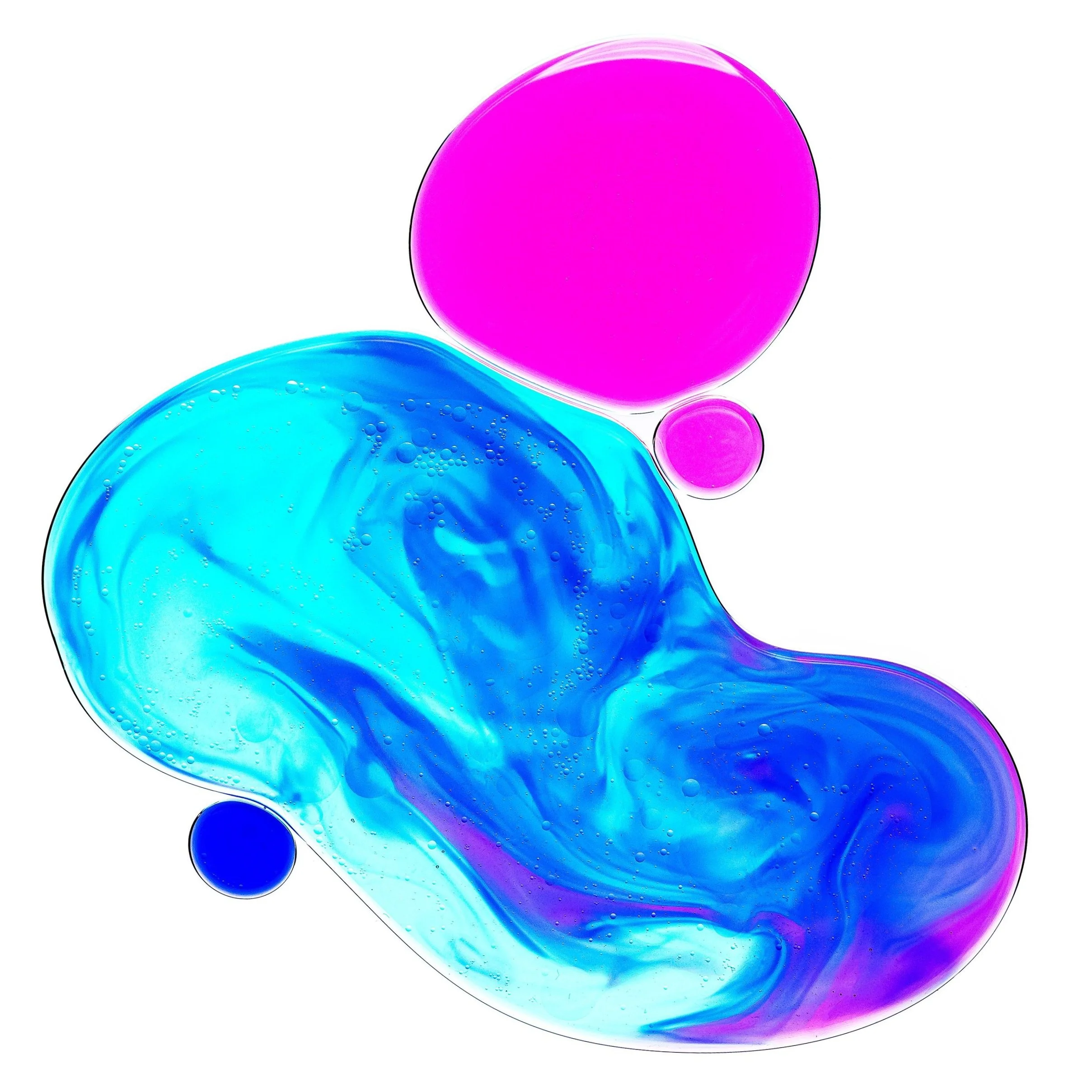 Abstract image of blue, pink, and purple oil or water bubbles swirling together on a white background.Product photography Los Angeles.