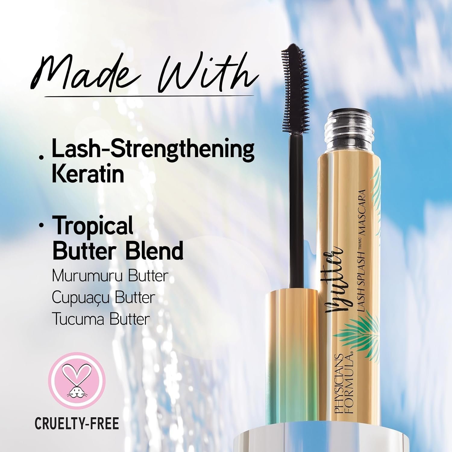 Product label for Pyscilians Formula Lash Splash mascara with a brush applicator and tropical-themed branding. The background features a blue sky with water and sunlight. The text highlights lash-strengthening keratin and a tropical butter blend, ind