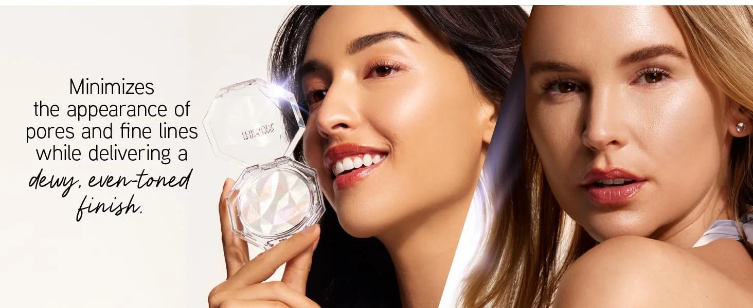 Two women with glowing skin holding a compact powder, with text highlighting its pore-minimizing and matte finish properties. Commercial Photographer Los Angeles.