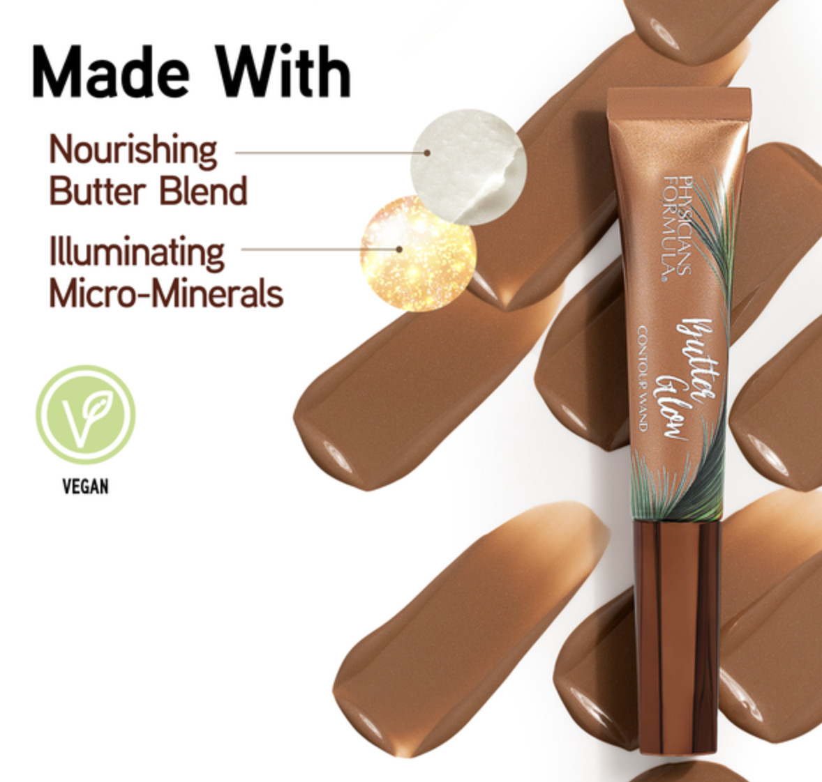 A cosmetic product called 'Healing Hand Cream' with packaging that highlights ingredients of nourishing butter blend and illuminating micro-minerals, labeled vegan, and surrounded by swatches of the hand cream in various shades of brown. Product phot