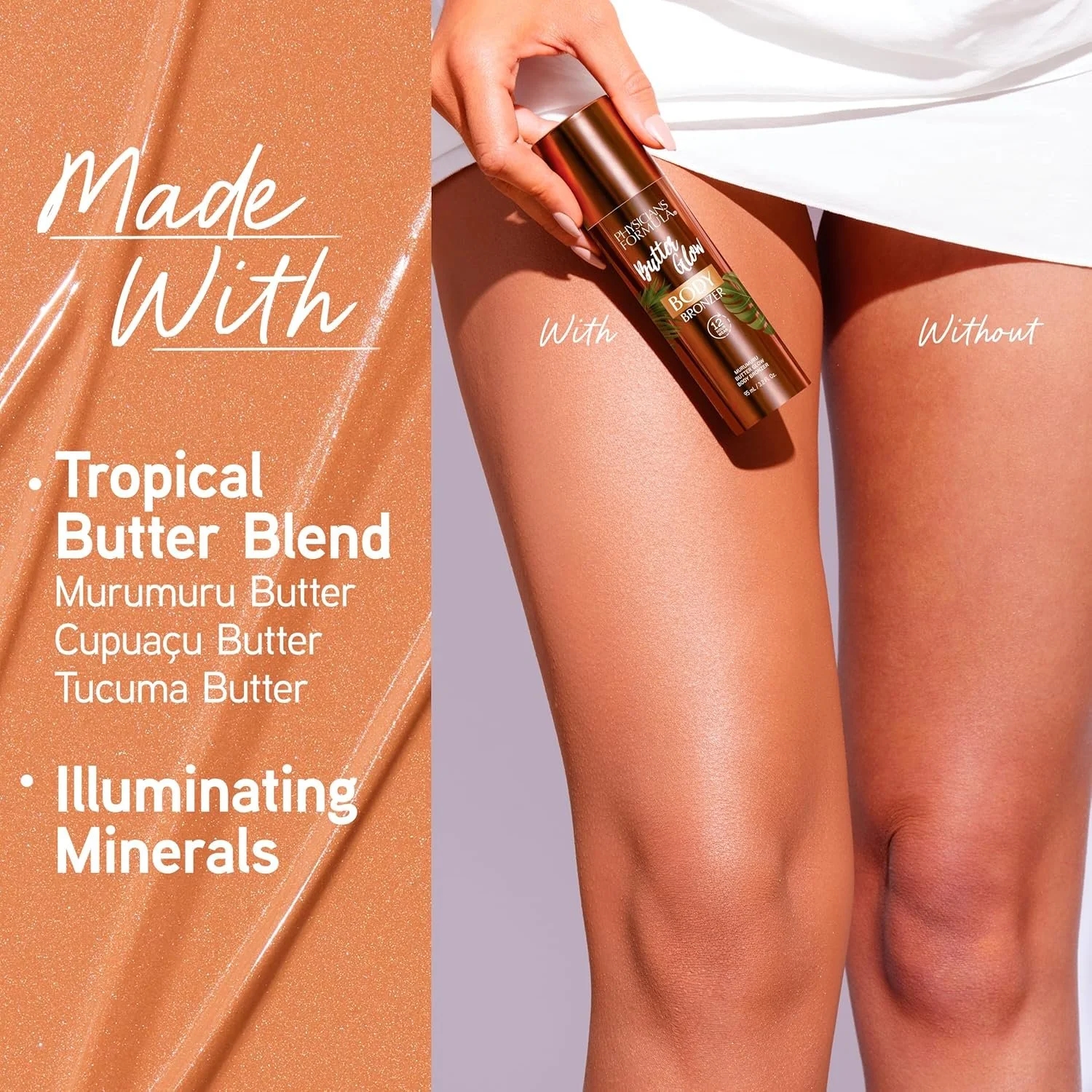 Image shows a person holding a bronzer bottle, with text overlay promoting a product made with tropical butter blend and illuminating minerals, highlighting the difference between using the product and not using it. Commercial Photographer Los Angele