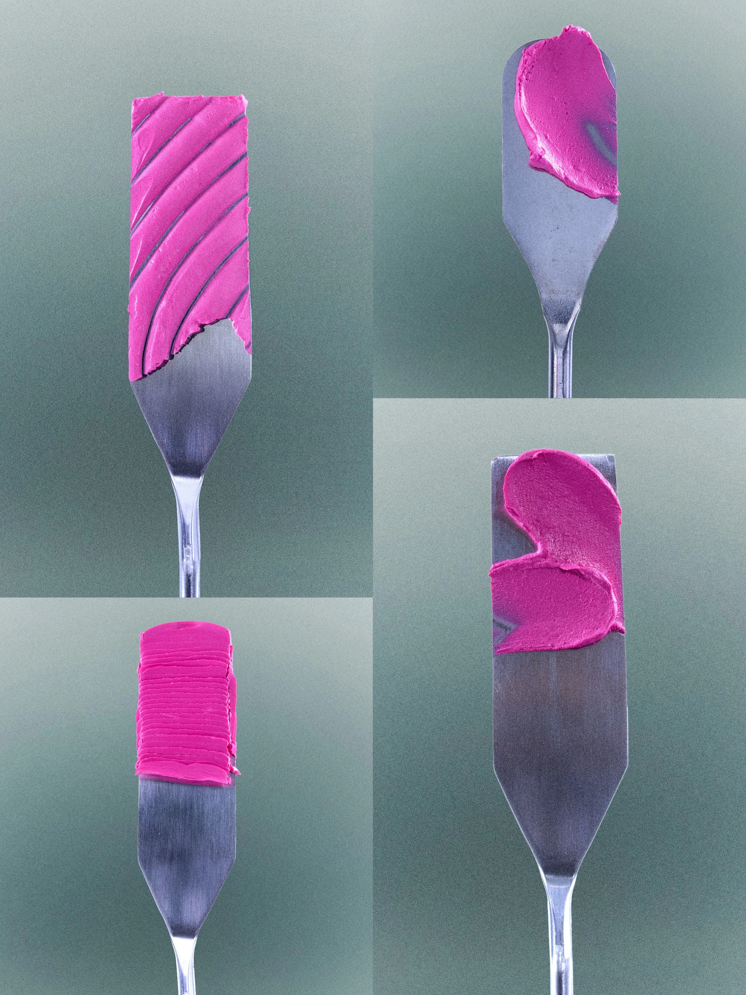 Swatches of formula on the palette knife. Product photography Los Angeles. 