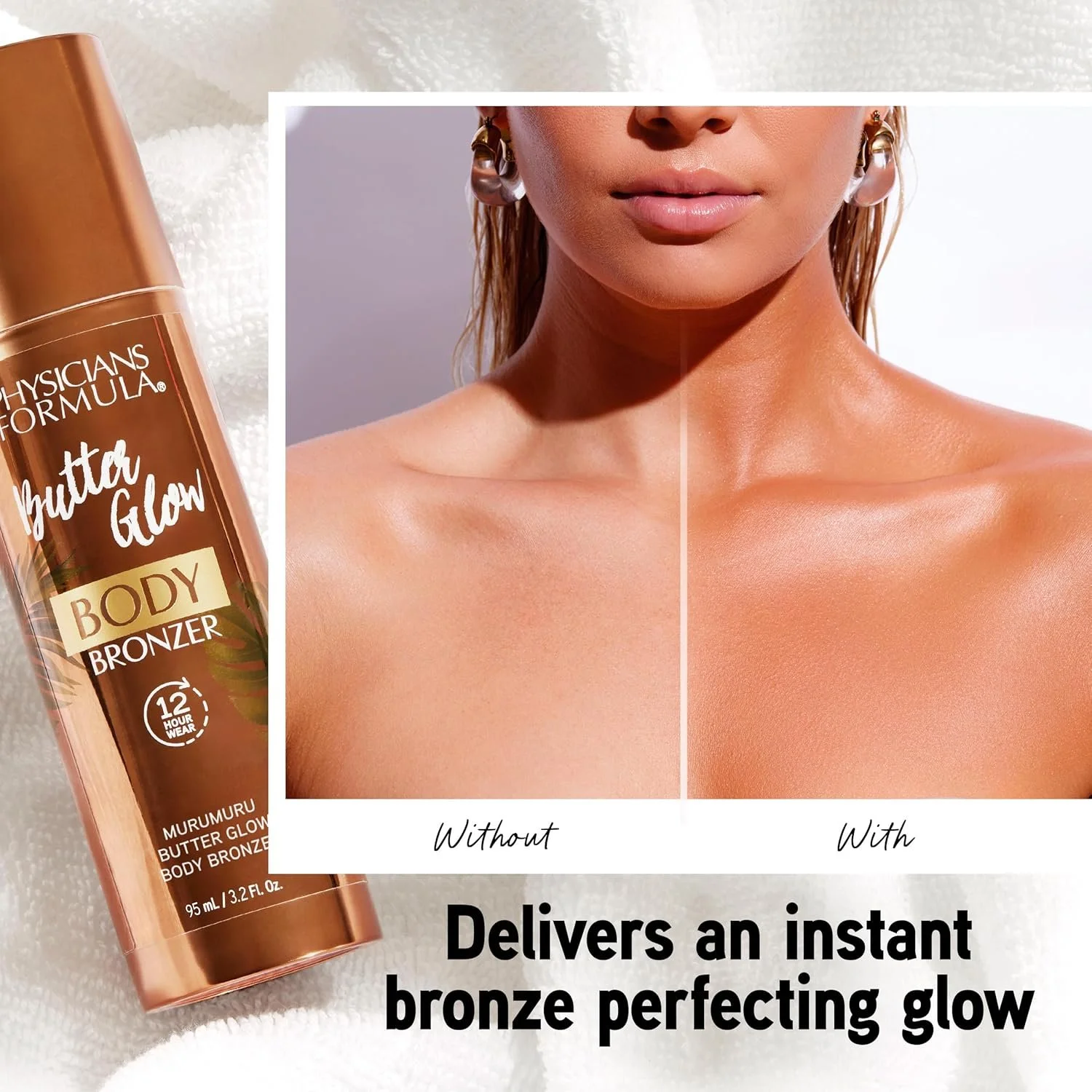 A side-by-side comparison of skin with and without a bronze glow, showing a more radiant complexion on the right. A bottle of Physicians Formula Butter Glow Body Bronzer is placed on a white surface on the left side. Commercial Photographer Los Angel