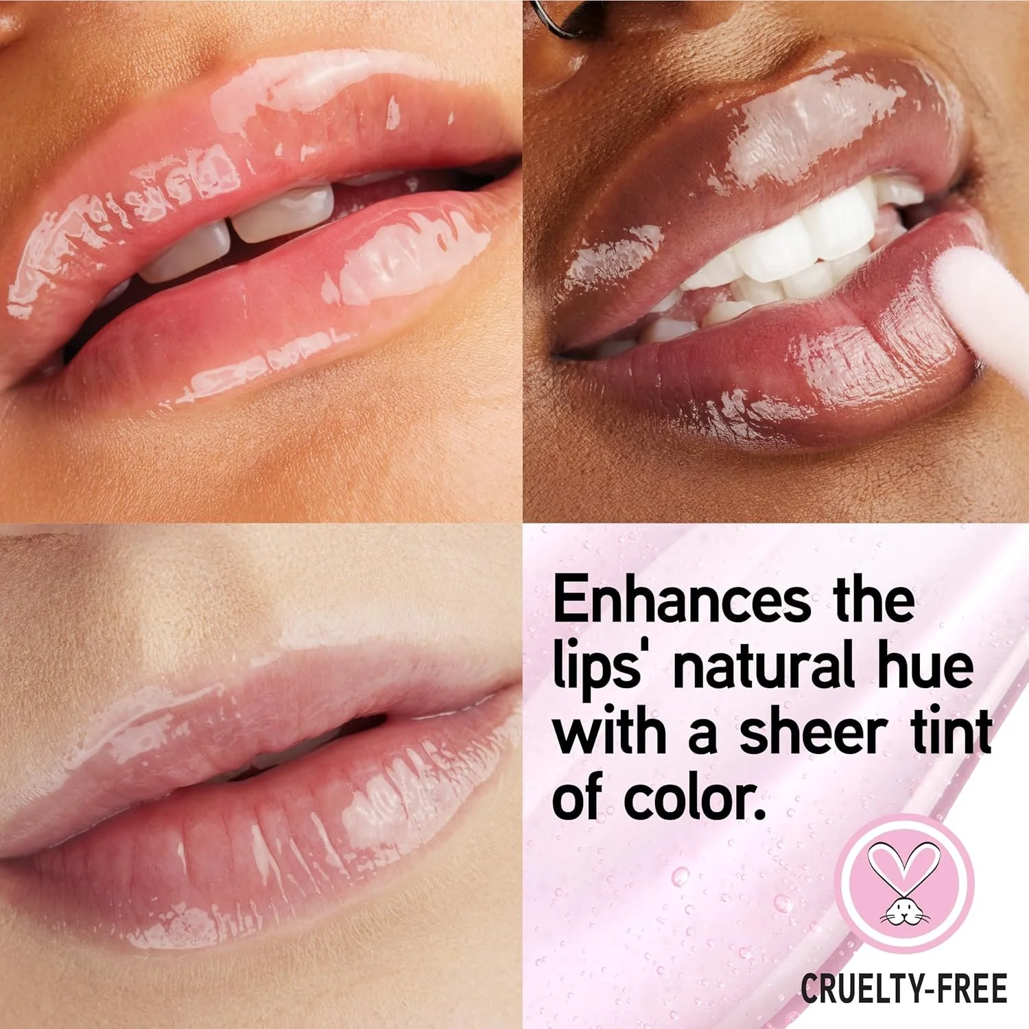 Close-up images of lips with shiny, tinted lip gloss, showing different shades and finishes. Text indicating the product enhances the lips' natural hue with a sheer tint of color, along with a cruelty-free logo. Commercial Photographer Los Angeles.