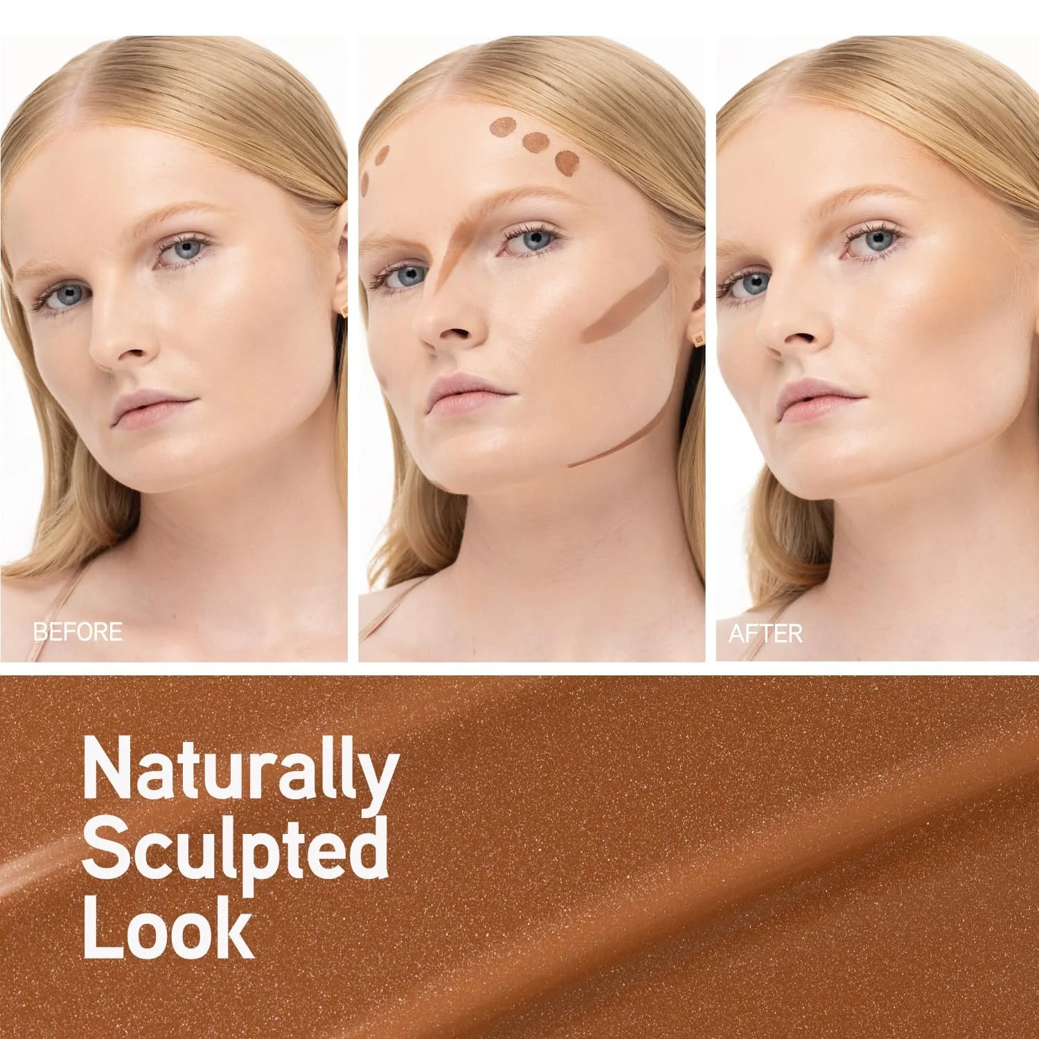 A collage showing a woman with fair skin and blonde hair before, during, and after simulated makeup or contouring, with the text 'Naturally Sculpted Look' on a brown, glittery background. Commercial Photographer Los Angeles.