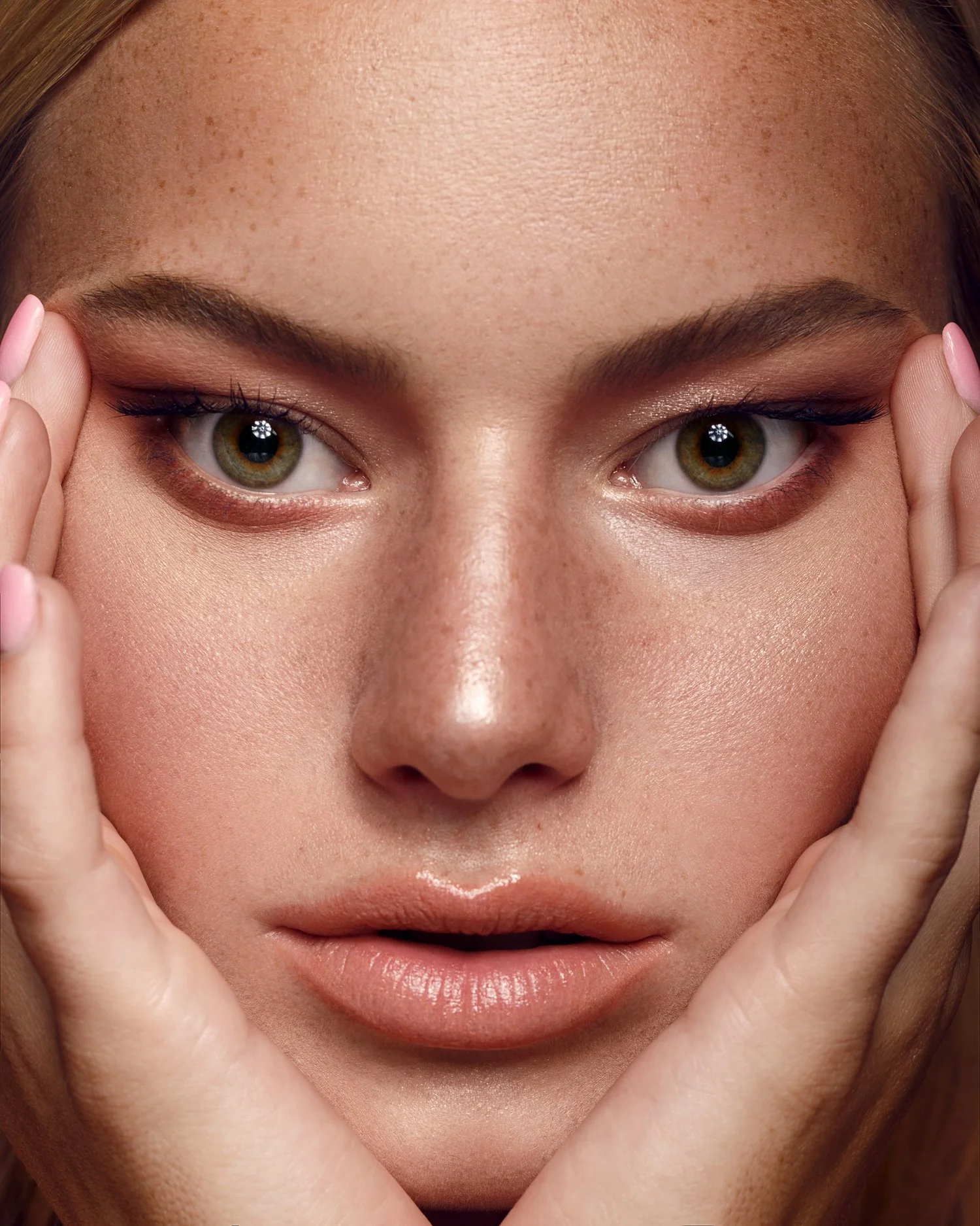 Close-up of a woman with fair skin, green eyes, and makeup, touching her face with both hands. Beauty Photographer Los Angeles.