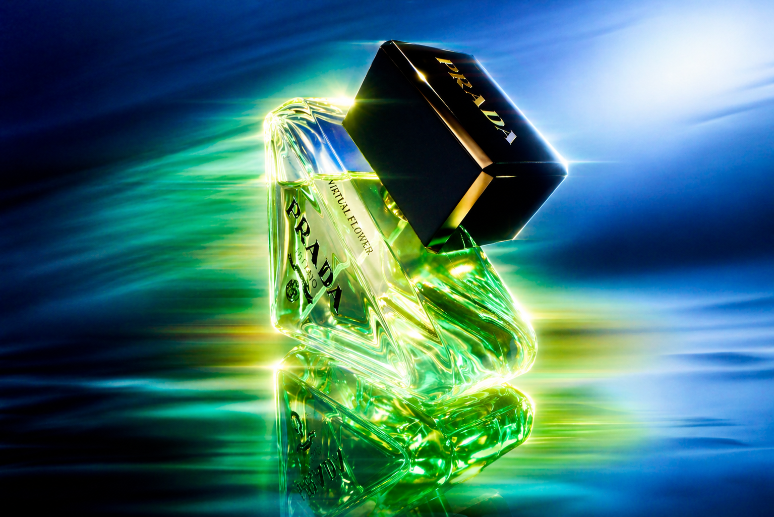 A perfume bottle labeled 'Prada' and a smaller item labeled 'Prada' with vibrant green and black packaging, surrounded by glowing green and white light reflections. Product photography Los Angeles.