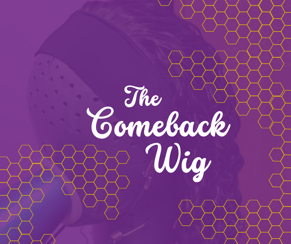 Purple background featuring a wig with the text 'The Comeback Wig' and decorative hexagonal patterns.