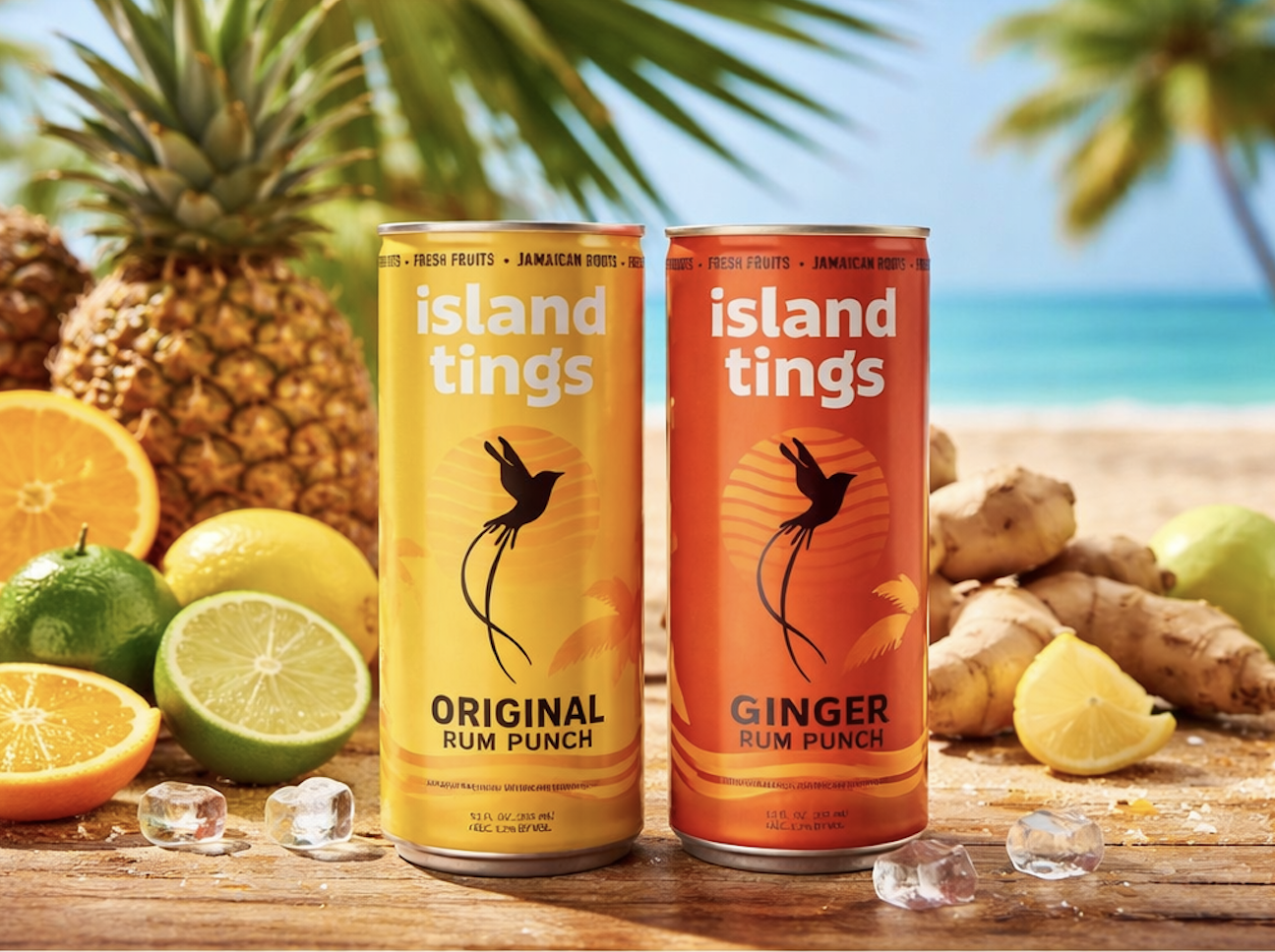 Cans of Island Tings rum punch, original and ginger flavor, set on a tropical beach with pineapples, citrus fruits, ginger roots, and ice cubes, with palm trees and ocean in the background.