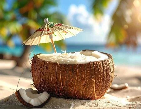 Coconut shell on the beach filled with coconut water, with a small umbrella for decoration