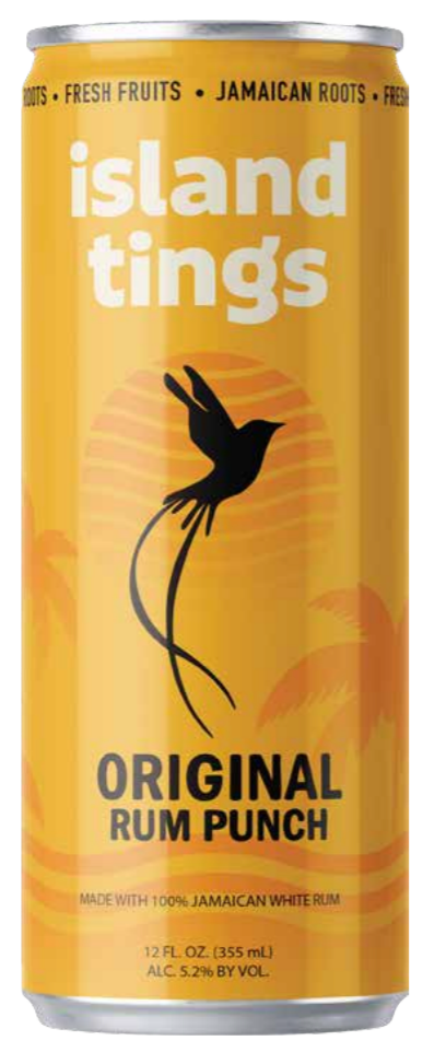 Can of Island Tings Original Rum Punch with a yellow background, black bird graphic, and coconut images.