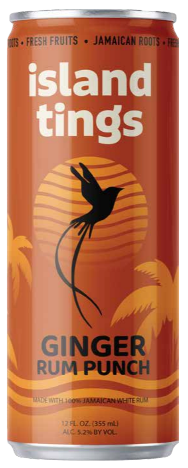 A can of Island Tings ginger rum punch with a black hummingbird logo and a background of stylized palm trees, labeled as containing Jamaican white rum, 17 fluid ounces, 5.2% alcohol by volume.