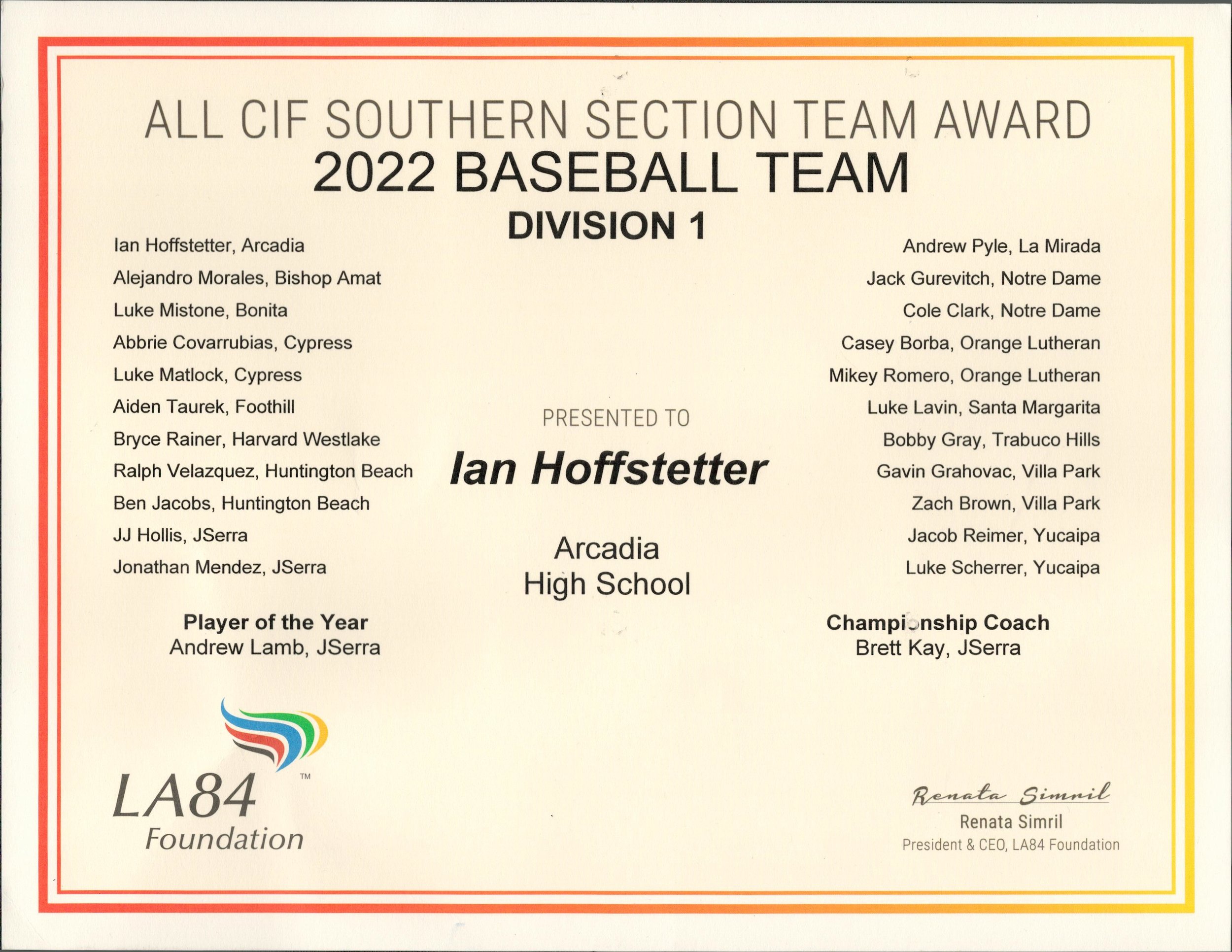 ALL CIF Southern Section Team Award - 2022