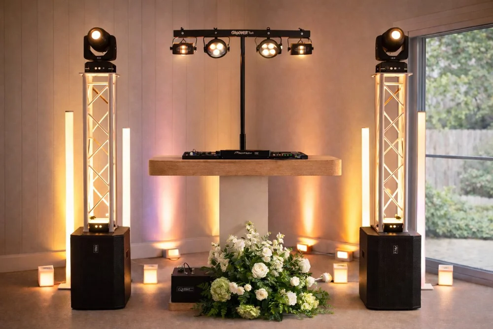 The Full Shebang wedding DJ setup with moving head lights on truss towers, LED tube lights and uplighting