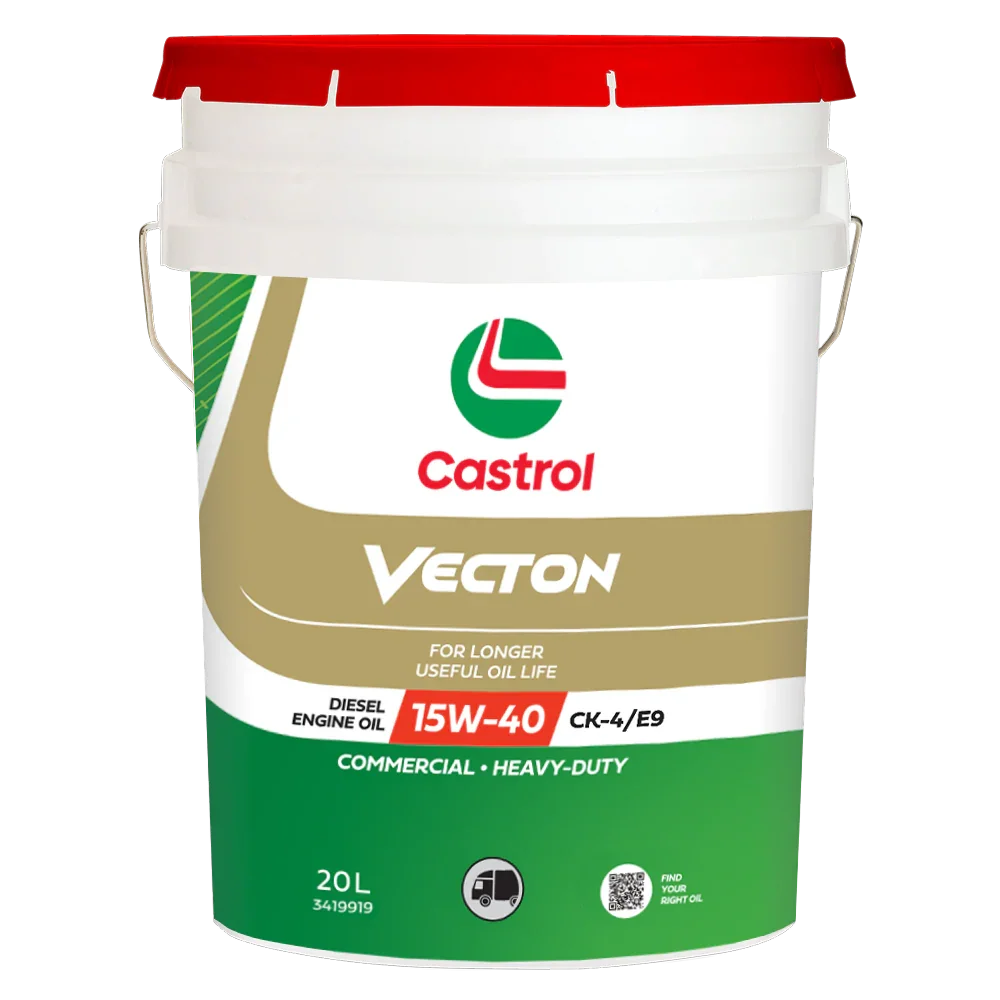 A container of Castrol Vecton diesel engine oil with a red and white lid, featuring the Castrol logo and information about the oil's specifications and usage.