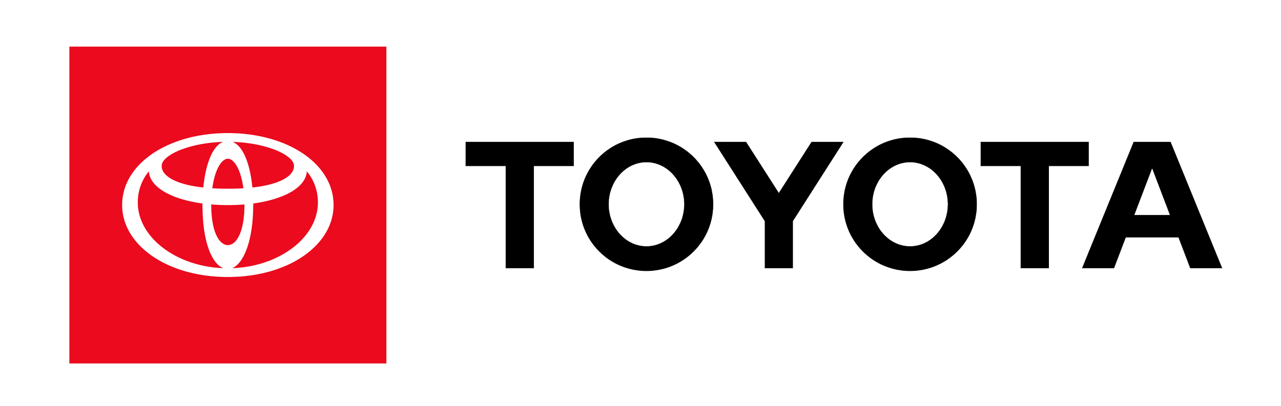 Toyota logo featuring a red square with a white stylized globe and the word Toyota in black next to it.