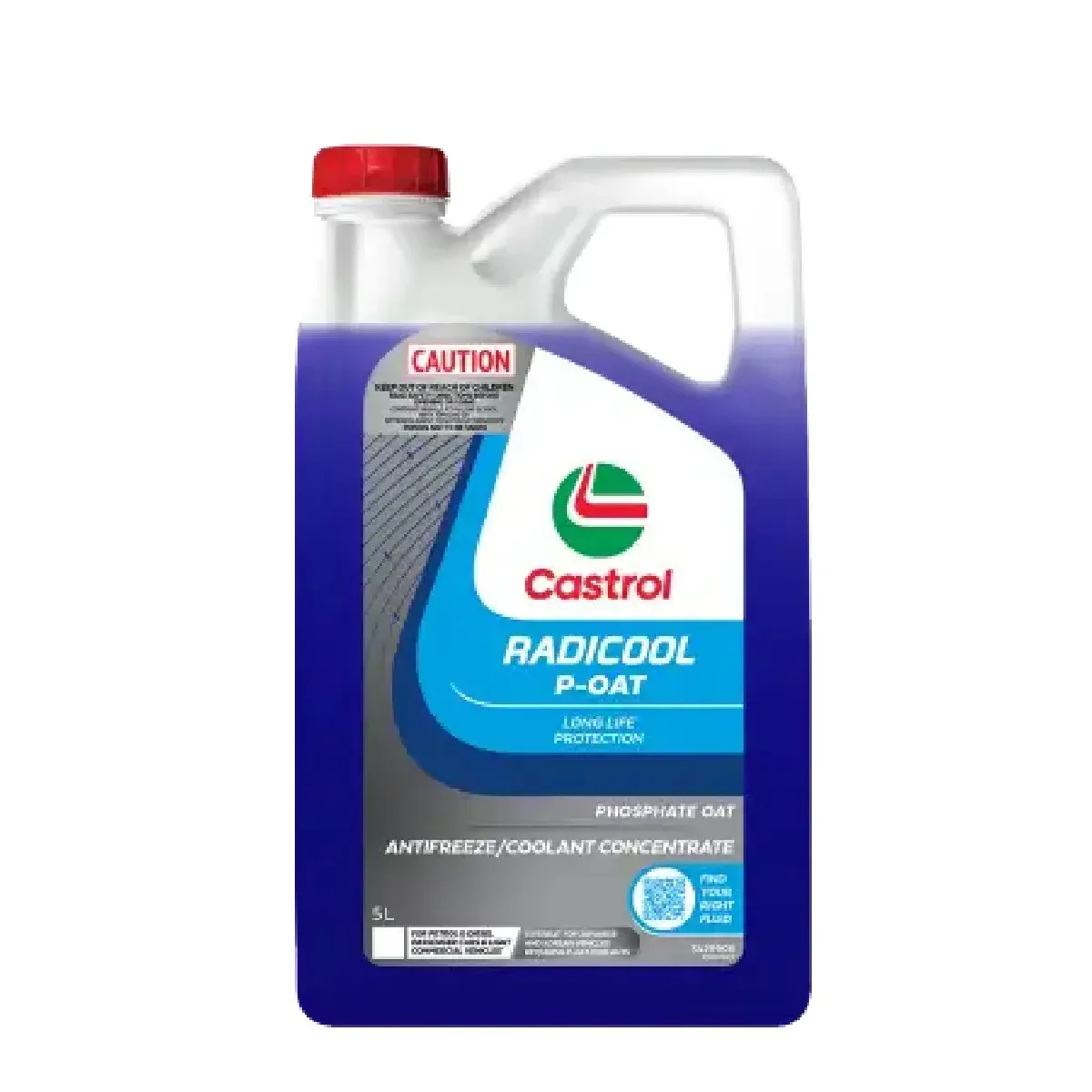 A bottle of Castrol Radicool P-OAT antifreeze coolant concentrate with a red cap, blue and white label, and the Castrol logo, designed for long-lasting engine protection.