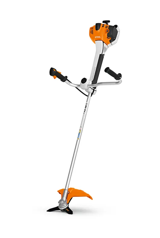Battery-powered brush cutter with an orange and black engine, white shaft, and orange guard around the cutting blade.