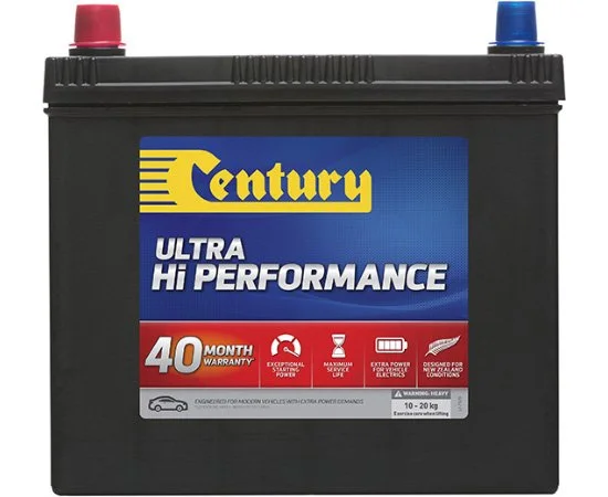 A black car battery with a red terminal on the left and a blue terminal on the right. The label reads "Century Ultra Hi Performance" with a 40-month warranty and icons indicating extended power, high reserve capacity, and durability for modern vehicles.