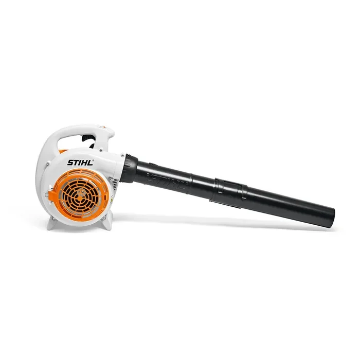 A leaf blower with a white and orange body and a long black nozzle.