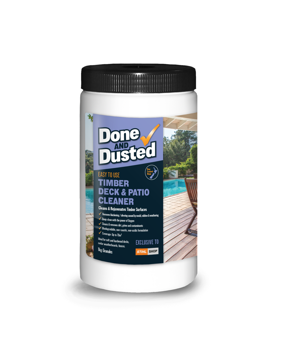 A container of Done and Dusted Timber Deck and Patio Cleaner with a label showing an outdoor deck, pool, and garden.