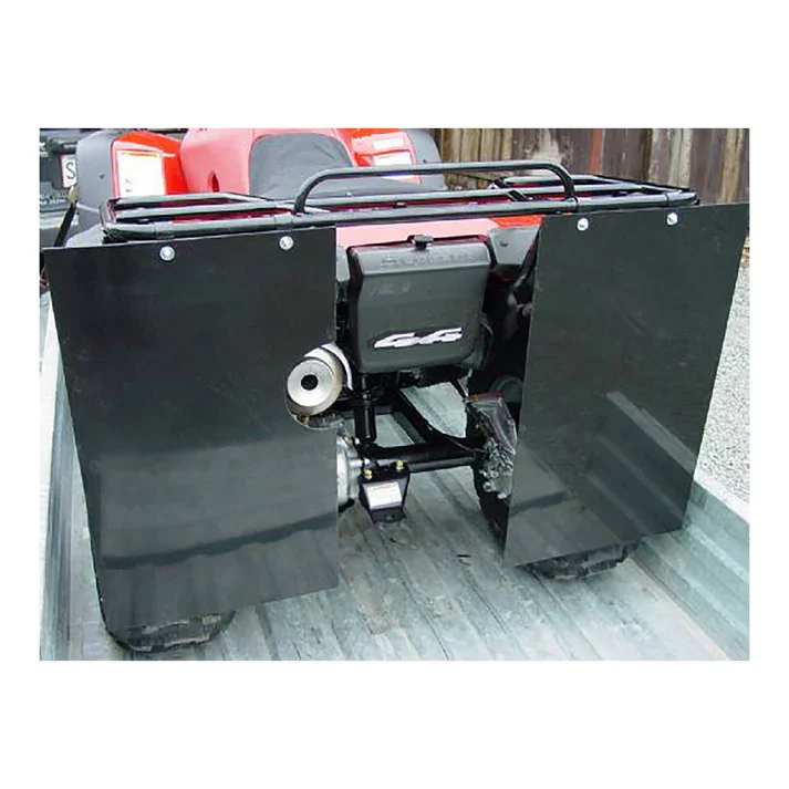 Modified red golf cart with large black attachments on either side, possibly for carrying equipment or cargo.