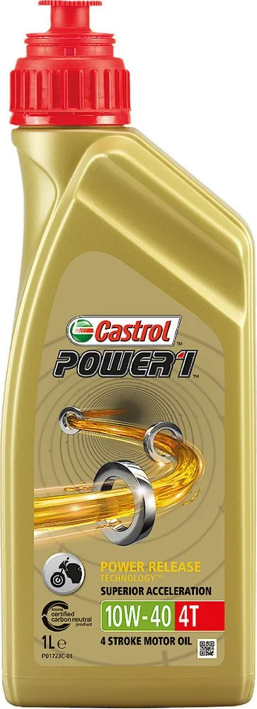 A yellow bottle of Castrol POWER 1 4T 10W-40 4-stroke motorcycle motor oil with a red cap.