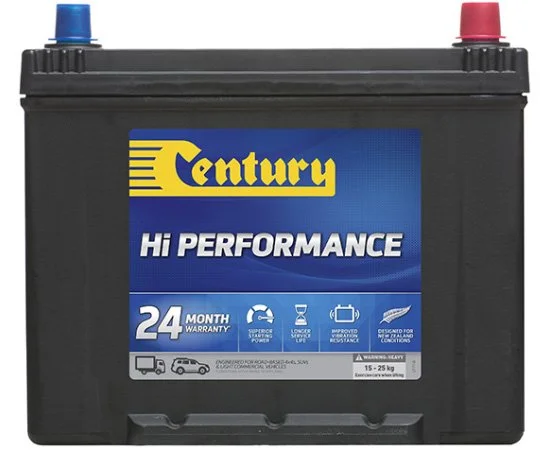 A black car battery with red and blue terminals, labeled 'Century Hi Performance,' indicating 24 months warranty and designed for automotive use.