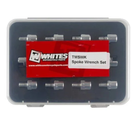 Red package labeled 'TMSWK Spoke Wrench Set' inside a plastic container with several spoke wrenches.