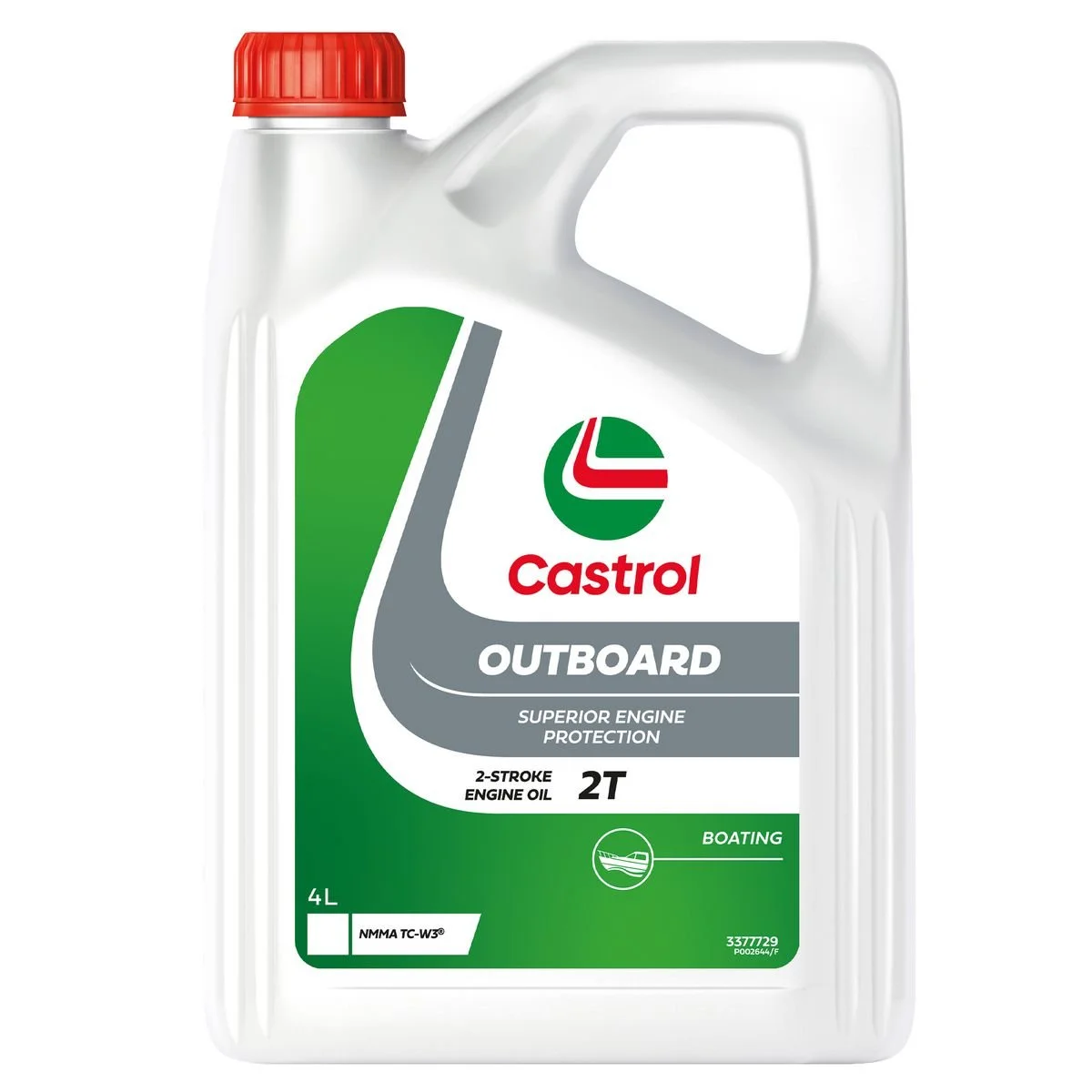 Castrol Outboard 2-stroke engine oil with a red cap and green, gray, and white label indicating it's for boating use.