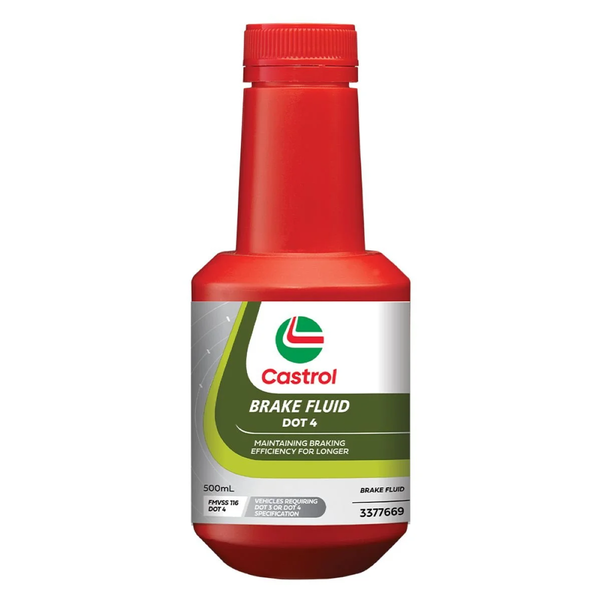 Red bottle of Castrol brake fluid DOT 4 with label indicating it maintains braking efficiency for longer, capacity 500 mL.