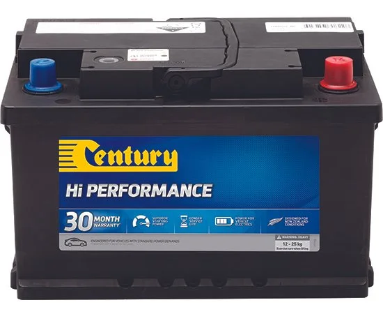 Century Hi Performance car battery with blue and red terminals and a 30-month warranty label.