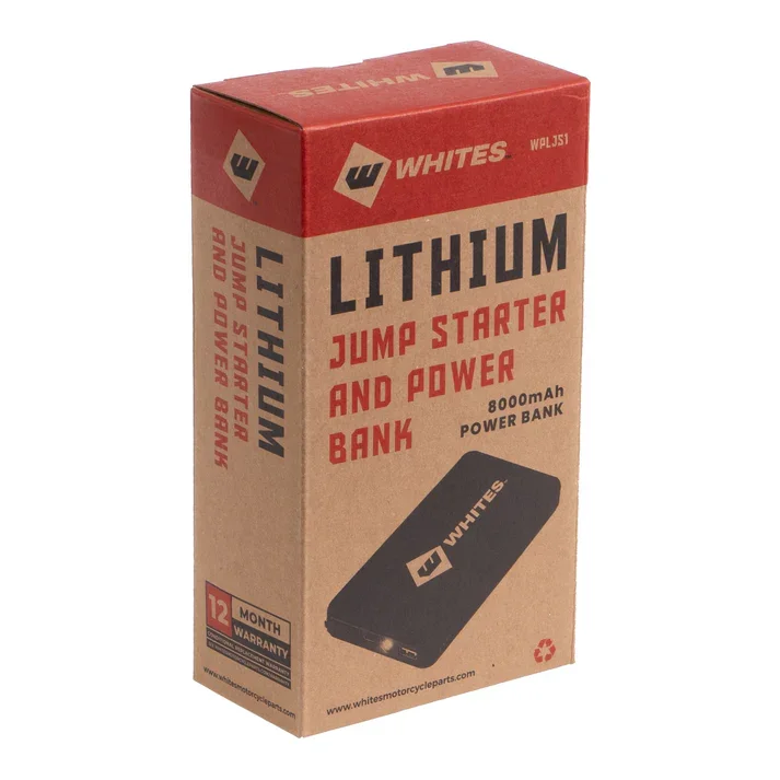 Box containing a lithium jump starter and power bank, with branding from Whites, featuring a picture of the black power bank on the front.
