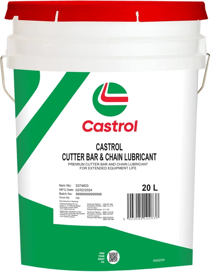A 20-liter white bucket of Castrol cutter bar and chain lubricant with a red lid and green and red logo.