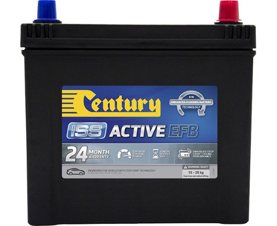 A black car battery with a blue and yellow label that reads "Century ISS ACTIVE EFB" and has red and blue terminals on top.
