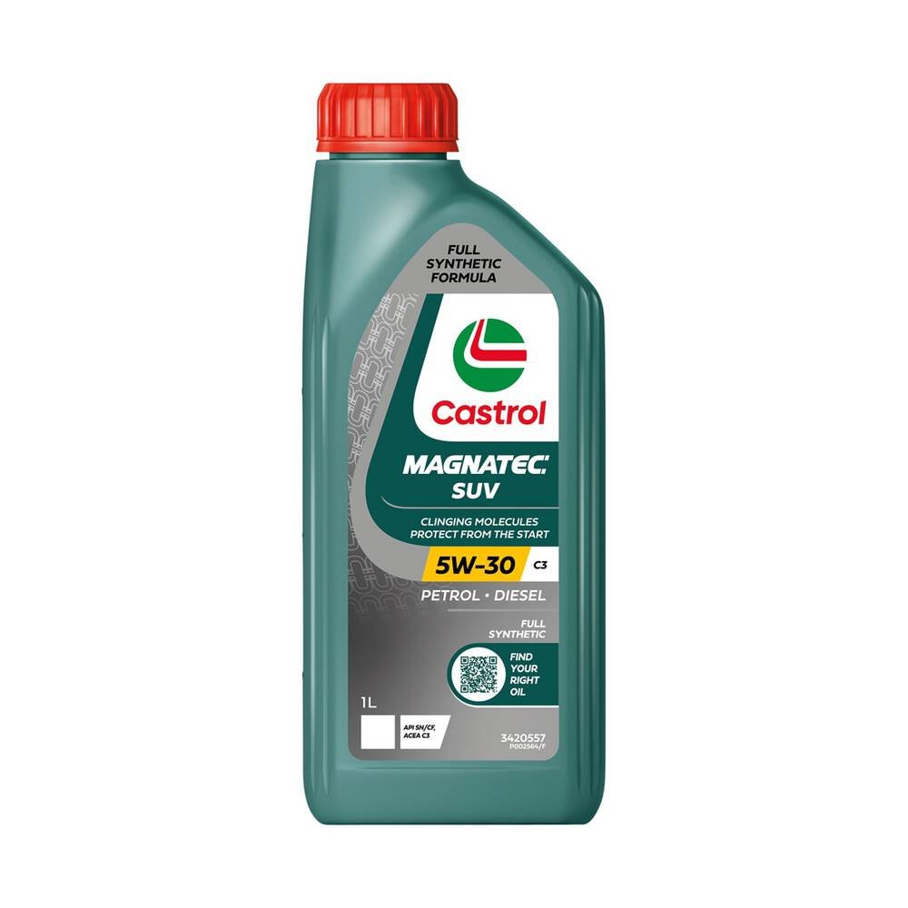 Bottle of Castrol Magnatec SUV motor oil with a red cap, green bottle, and label indicating 5W-30 synthetic oil for petrol and diesel engines.