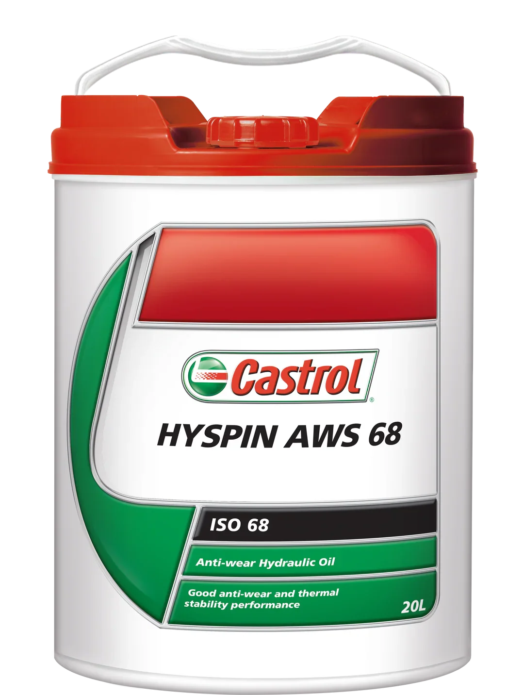 20-liter container of Castrol Hyspin AWS 68 anti-wear hydraulic oil with a red cap and handle.
